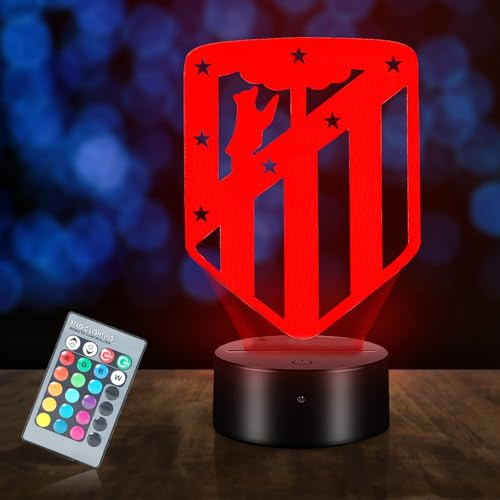 HooJtny Atletico de madrid Lámpara 3D Regalos, Atletico de madrid Fútbol Lámpara, 16 Colores de Iluminacion y Mando a Distancia, Regalos para niños futbolistas