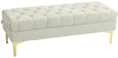 HOMCOM Panca Camera da Letto con Rivestimento Trapuntato, Panca Imbottita in Velluto con Gambe in Metallo per Ingresso, Corridoio e Soggiorno, 118x45x42 cm, Beige