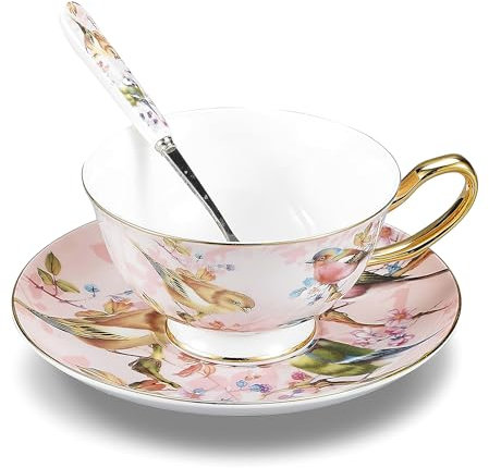 Bone China Tea Cups,Coffee Cup Teacup with Saucer and Spoon, Birdie Print Coffee Mug for Home, Restaurants, Display and Afternoon Tea, (Pink) with Gift Box