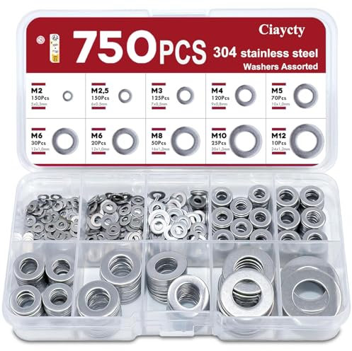 750 Pièces Rondelles Inox, 9 Tailles Rondelles Metal, Rondelle M2 M2.5 M3 M4 M5 M6 M8 M10 M12, Rondelles pour Gonds de Porte, Rondelle Inox pour L'étanchéité Vis Bagues D'étanchéité