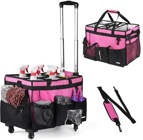 TWINDLE Extra-Large Rolling Cleaning Caddy with Wheels,Cleaning Caddy Bag with Detachable Trolley,Water Resistant Lining Cleaning Supply Organizer with Handle for Cleaners,Housekeepers