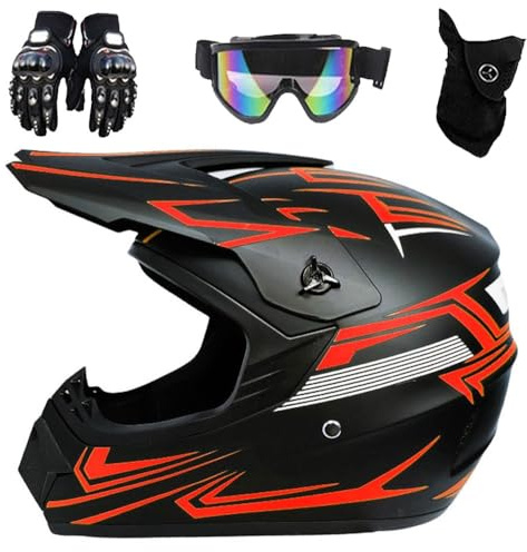 Casco da Moto Per Bambini, ATV, Omologato DOT, Casco da Moto Fuoristrada, con Occhiali, Guanti E Maschera, Per Bambini, Motocross, Fuoristrada, Strada, Bici da Cross, BMX, MX, ATV(905 Red Shadow,L(56-