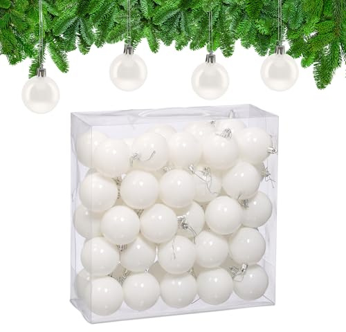 Relaxdays Julgranskulor i set om 50, plast, D: 6 cm, festlig julgransprydnad, glänsande, vit