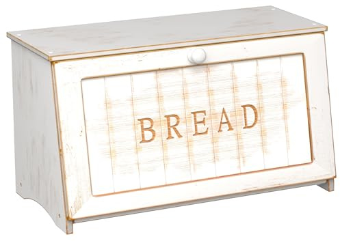 TQQDCI Vintage Bread Box for Kitchen Countertop, Retro Design Bread Storage Container, Farmhouse Wooden Counter Breadbox, Small Bamboo Bread Bin Holder for Homemade Bread, White