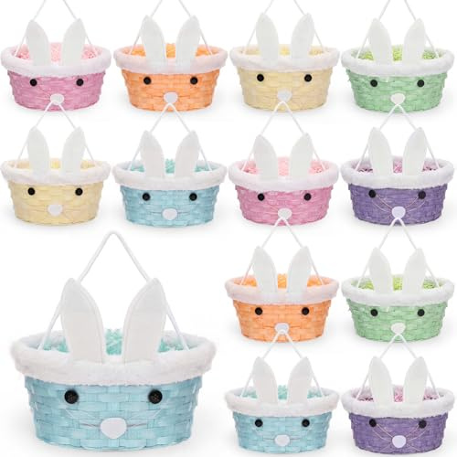 Didaey 12 Pcs Wicker Easter Basket with Rope Handles Woven Bamboo Easter Basket with Grass Raffia Filler Cute Rabbit Picnic Hamper for Egg Hunt Party Gifts (Pastel)