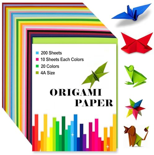 200 Sheets Coloured Paper, 20 Colors A4 Origami Paper Handmade Double Sided Construction Papers for Arts Craft, DIY, Cutting and Drawing, 297MM X 210MM