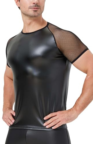 Ausing Uomo Maglietta in Pelle Nero Camicia Ecopelle Maniche Corte Maglia Canotta Sportiva Lattice T Shirt Palestra Slim Fit Maglia Fitness Bodybuilding Top Lucida Brillante PVC Discoteca Club XL