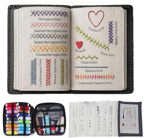 Sikweny Libro de Bordado con 86 Accesorios, Embroidery Stitch Book Incluido Dedal, Kit Bordado Kit Portátil Bordar Varios Patrones Disponibles para Principiantes Adultos y Aficionados