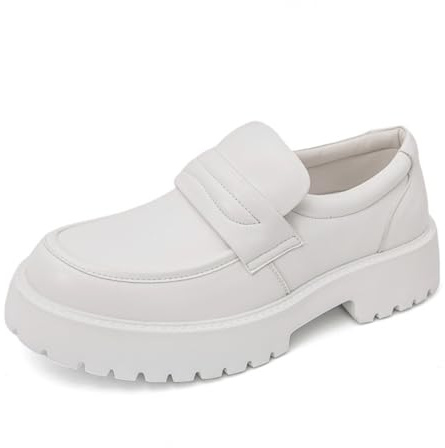 Dwihuize Mocasines De Plataforma Hombre Zapatos De Vestir De Cuero Sin Cordones Antideslizantes Cómodos Informales para Oficina Y Uso Diario,Blanca,46 EU