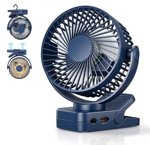 Ventilatore da Tavolo 4 in 1 USB Ventilatore Portatile 12000mAh e Telecomando Ricaricabile Luce LED 3 Velocità Timer Rotazione 360°, Ventilatore Pinza per Esterno Auto Passeggino Campeggio, Blu