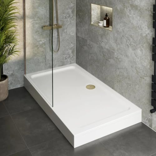 Hydrolux® 1400 x 700 x 140mm White Bathroom Shower Tray for Enclosures Cubicles & Wet Room with Brushed Brass Waste + Riser Kit, Rectangular