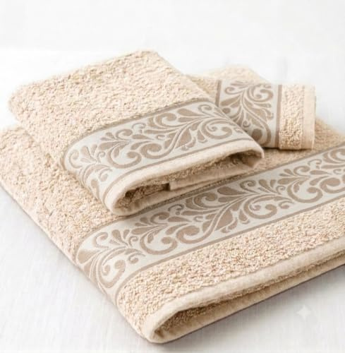 Juego de Toallas 3 Piezas 100% Algodón 450 g/m² Precio PROMOCIÓN Toallas 1 Tocador, 1 Lavabo y 1 Sábana Muy Suaves, Super Absorbentes Y Elegantes (Beige)