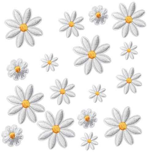 Amlif 35PCS Daisy Flower Iron-On Patches, Embroidered Appliques - 5 Sizes | White Daisy Patches, Iron-On Design, Clothing Repair, Embroidered Appliques, DIY Crafts, T-Shirt Bags Hat Clothing Repair