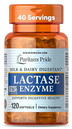 Puritan's Pride Lactase Enzyme, Milk and Dairy Digestant, Dietary Supplement Support for Digestion, and Cellular Energy Support, 40 Day Supply, 120 Softgels