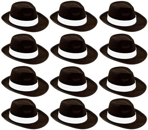 12 x Gangsterhüte – Schwarzer Trilby-Hut für Erwachsene mit weißem Band – Herren 1940er Jahre Mafia Detektiv Kostüm Zubehör – Al Capone Verkleidung Privater Ermittler Zubehör – Multipack Gangster Hüte