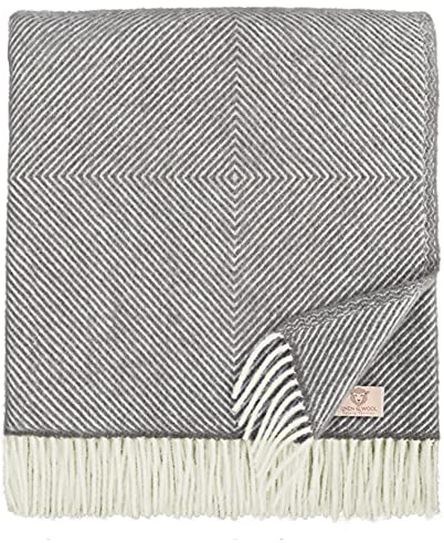 Linen & Cotton Decke Wolldecke Wohndecke Tagesdecke Alaska mit Rautenmuster - 100% Reine Neuseeland Wolle, Dunkelgrau Grau (140 x 220 cm) Sofadecke Kuscheldecke Überwurf Couch Sofa Bett Bettüberwurf