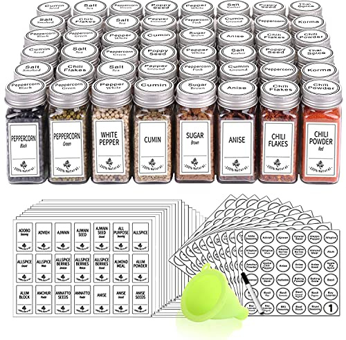 SWOMMOLY 48 Glass Spice Jars with 806 White Spice Labels, Chalk Marker and Funnel Complete Set. Empty Square Spice Bottles 4 oz, Spice Containers with Pour/sift Shaker Lid, Airtight Cap