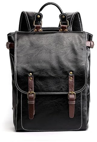 XKUN Backpack Vegan Leather Backpack Vintage Laptop Bookbag For Women Men-Black
