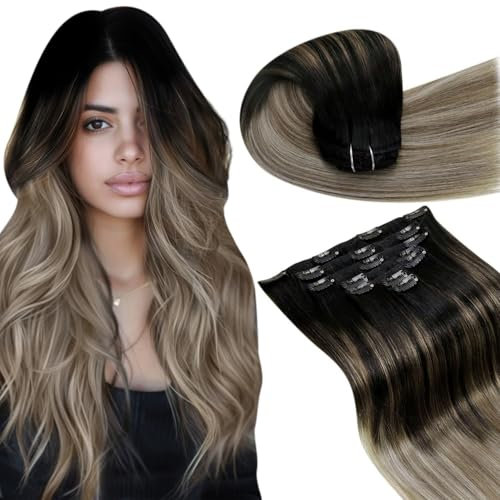 LaaVoo Ombre Echthaar Extensions Clip 40cm Remy Clip Extensions Echthaar 7pcs/105g Schwarz bis Aschbraun und Mittelblond Balayage Clips in Extensions Echthaar Glatt #1B/8/22