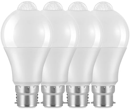 Weskjer Lampadine LED con sensore di movimento B22 - Confezione da 4 lampadine LED B22 a baionetta 12 W 1020 LM, bianco freddo, CIR>85, lampadine a risparmio energetico, non dimmerabili