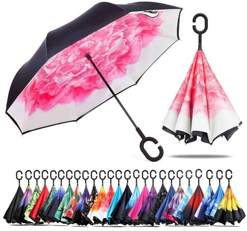 CICILIAYA Umgedrehter klappbarer Regenschirm mit Doppelschicht, umgekehrter Ständer, Regenschutz, umgedrehter Autoschirm mit C-förmigem Griff, großer gerader Regenschirm, Rosa 1, 31.5 inch