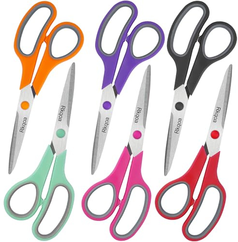 Scissors, Rkqoa 8 Scissors All Purpose 6 Pack - Comfort-Grip Sharp Scissor for Office School Adult Art Sewing Fabric Craft Supplies, Teacher/Classroom Everyday Use, Right/Left Handle