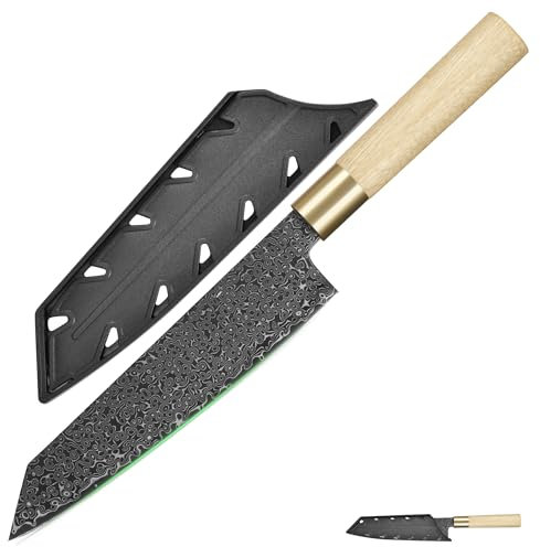 FULLHI japonais Acier Damas noir avec fourreau, manche en bois Gyutou sashimi Couteau de cuisine avec boîte pour homme femme cadeau (Couteau de cuisine Kiritsuke)