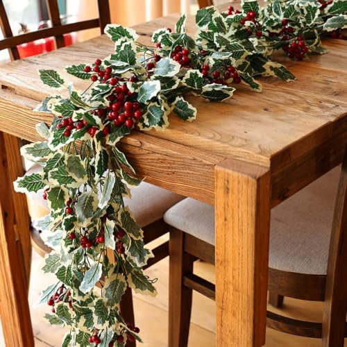 KARLOR Pack of 2 Christmas Artificial Plants Garland with Red Berry Stems, Christmas Table Runner and Wedding Decoration