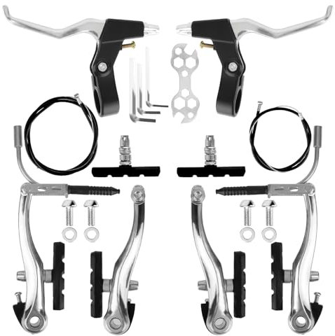 KAHOUI Bike Brakes Set, V Brake Front Rear, Full Aluminum Bicycle Brakes with Brake Cable, Brake Lever, Brake Pads, Brakes Bicycle Universal, for Mountain Bike, City Bike, Folding Bikes (Silver)