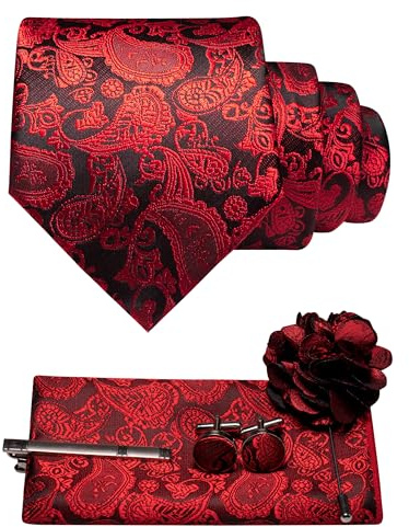 JEMYGINS Paisley Cravate pour homme avec mouchoir de poche, pince à cravate avec fleur et boutons de manchette, rouge, M