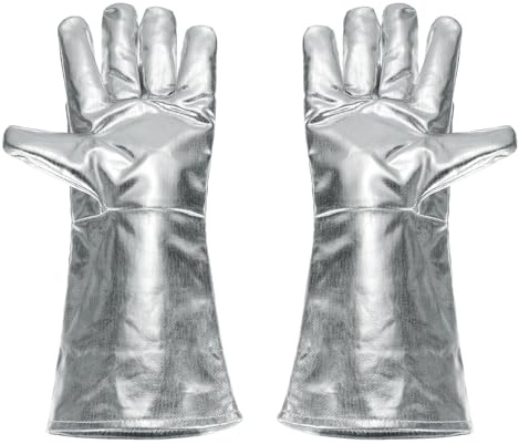 QUARKZMAN 1 Par de Guantes de Soldadura Aluminizados A333-1 de 16 Resistentes al Fuego y al Calor con Mangas Largas para Barbacoa y Soldadura en Horno de Chimenea y Jardín