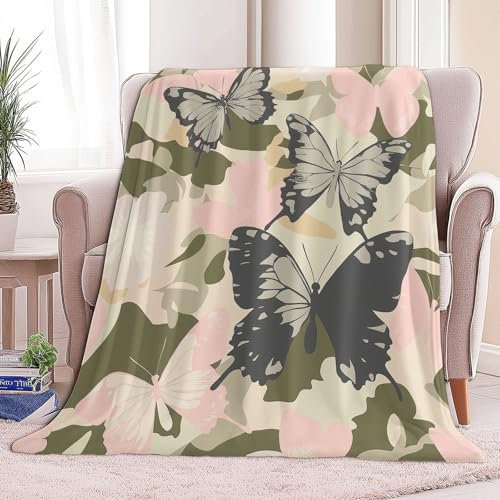 wohndecke Schmetterlinge und Blumen, Super Weiche Gemütliche Warme Camouflage-Drucke Flanell-Wurfdecke, leichte dekorative Klimaanlagen-Decke, Sofa Couch Wohnzimmerdekoration für Kinder 220 x 240 cm