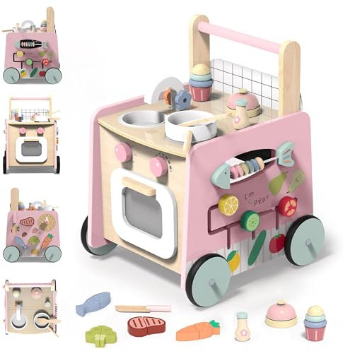 VITONIS Baby Lauflernwagen Holz, Lauflernhilfe mit Montessori Spielzeug Multifunktion, Holzspielzeug Kleinkinder, Baby Walker Spielzeug für Kinder, Geschenk für Jungen und Mädchen, Rosa