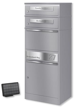 Metzler Paketbriefkasten mit LED-Beleuchtung und abschließbarem Paketfach in Graualuminium, wetterfest und rostfrei, große Fächer für DHL M, personalisierbare Gravur, freistehend für Außenbereiche