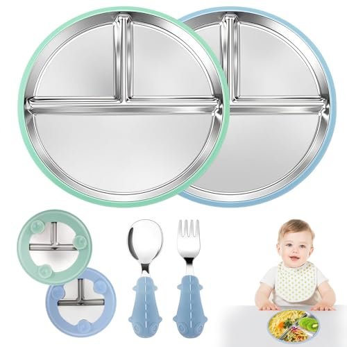 Vasmeiy 2Psc Piatto Svezzamento Silicone, piatto per bambini in acciaio inox con ventosa, Senza BPA, Ustensili per Bambini, Piatti Divisi per Alimentazione Autonoma (Blu/verde)