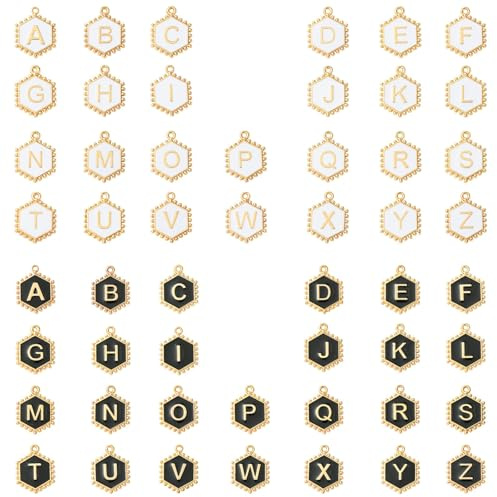 UR URLIFEHALL 52 st emalj, alfabetsberlocker, svartvit, hexagon, stora bokstäver, A-Z, bokstavsberlocker för gör-det-själv-armband, halsband, smyckestillverkning