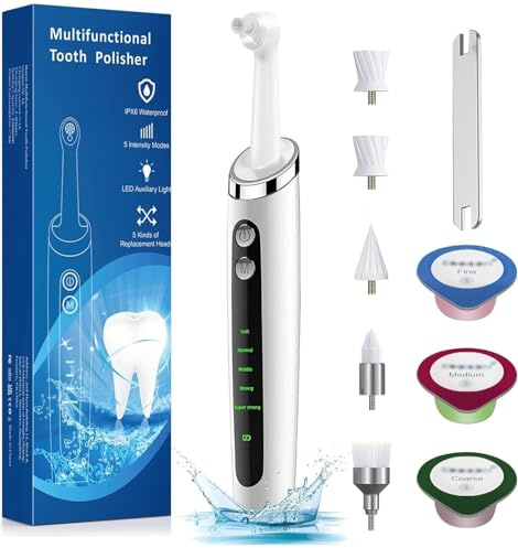 Tooth Polisher Electric Teeth Plaque Stain Remover, Teeth Cleaner whitening kit for Stain Plaque Removal Yellow Teeth Cleaning with 5 Brush Heads&3 Polish Paste