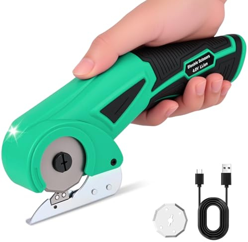 Ciseaux Électriques Sans Fil 4V avec Batterie 2000mAh, 2 Lames Auto-Affûtantes, Cutter Electrique Universel pour Carton, Tapis, Cuir, Feutre, Plastique et Papier