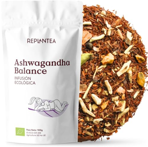 REPLANTEA Infusión Ashwagandha Balance Ecológica 100g | Té Relajante y Antiestrés con Cúrcuma y Jengibre | Adaptógeno Natural para el Equilibrio y Bienestar | Rooibos Chai a Granel Sin Cafeína