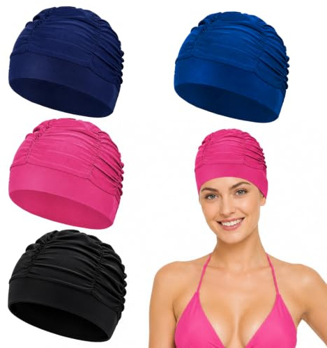 Gorro de natación para mujer, 4 unidades, plisado, azul oscuro, azul real, negro y rojo magento, gorro de baño para mujer, pelo largo, gorro de natación para nadador, gorro de natación para mujer