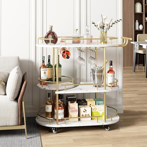 Carro de bar de 3 niveles, carrito de vino con ruedas con 2 portavasos y portavinos, madera mármolada, estantería, carde metal, carrito de servicio móvil moderno para cocina, comedor, salón, bar