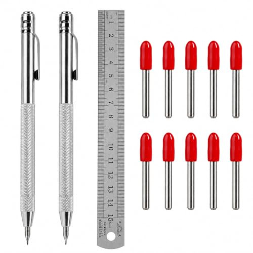 2 Marcadores de Carburo de Tungsteno, 10 Puntas de Tracer, Regla 15 cm | Diseño Magnético y Agarre Antideslizante, para Marcar y Grabar Vidrio, Metal, Cerámica, Madera y Azulejos.
