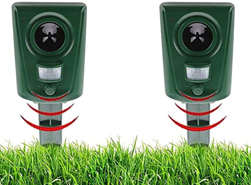 2X Ahuyentador ultrasónico de Gatos para jardín, Repelente de Zorros y Animales, Alimentado por Pilas, Impermeable, Sensor de Movimiento, para pájaros, Ardillas, Perros y plagas en fincas