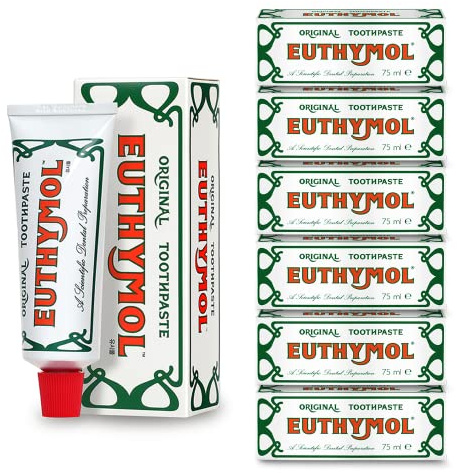 Euthymol Original Tandkräm 75 ml x 6, fluorfri tandkräm, antiplack, antibakteriell, skydd mot karies, frisk mintsmak, daglig munvård, rengöring för tänder och tandkött.