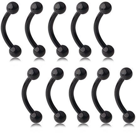 Ruifan Lot of 10 Black Titanium Anodized Eyebrow Piercing Jewelry Curved Barbell with Ball Kit Eyebrow Tragus Lip Ring 16g 16 gauge 8mm