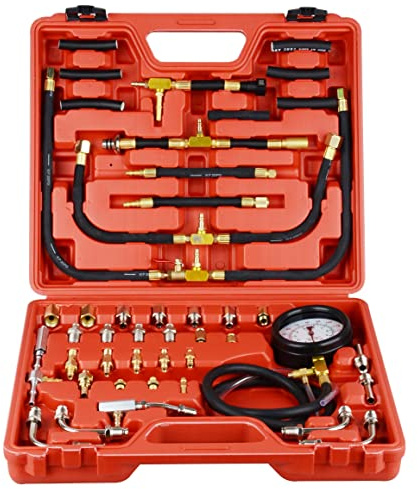 Master Fuel Injection Pressure Tester Kit with Adapters, Fuel Pressure Gauge for Petrol Engine, Dual Scale for 0-140 PSI / 10 Bar