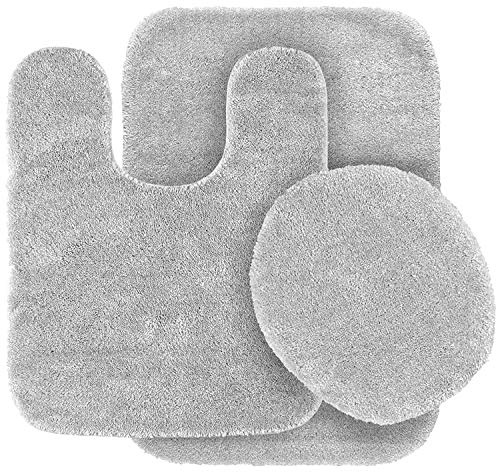3pc Solid Non Slip Soft Bath Rug Set for Bathroom U-Shaped Contour Rug, Mat and Toilet Lid Cover New# Angela (Silver)
