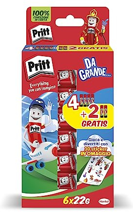 Pritt Colla Stick 6 x 22g, colla per bambini sicura e affidabile, colla Pritt per lavoretti e fai da te, con una tenuta forte per uso scuola e ufficio, 6 stick x 22 g