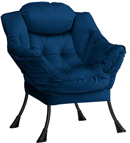 HollyHOME Fauteuil Salon Fauteuil Scandinave Confortable Fauteuil de Lecture Velours Chambre Relax Chaise D'appoint en Métal, Bleu Foncé