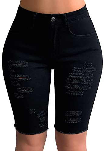 roswear Womens Ripped Stretchy Long Jean Shorts Mid Rise Frayed Cut Off Bermuda Shorts Black Large